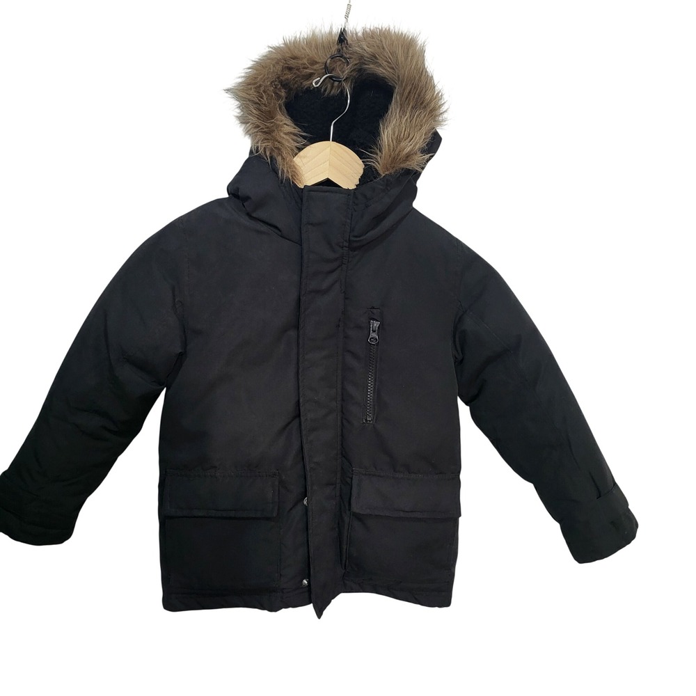 Old Navy Kids Black Water Resistant‎ Hooded Parka Jacket XS 5 Fur Trim